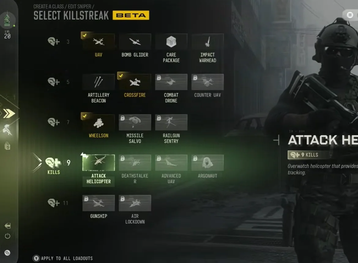 MW4 beta killstreak selection grid cropped to gameplay UI