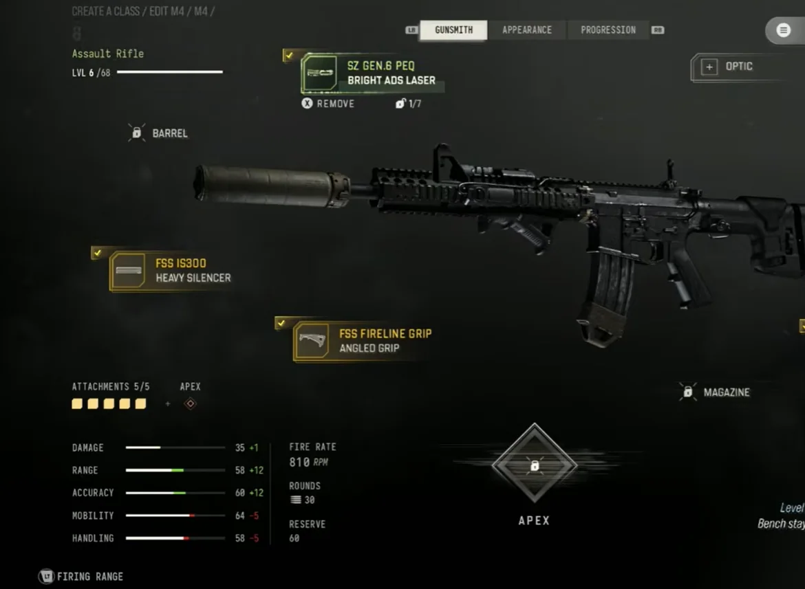 MW4 beta M4 Gunsmith screen with the streamer overlay cropped out