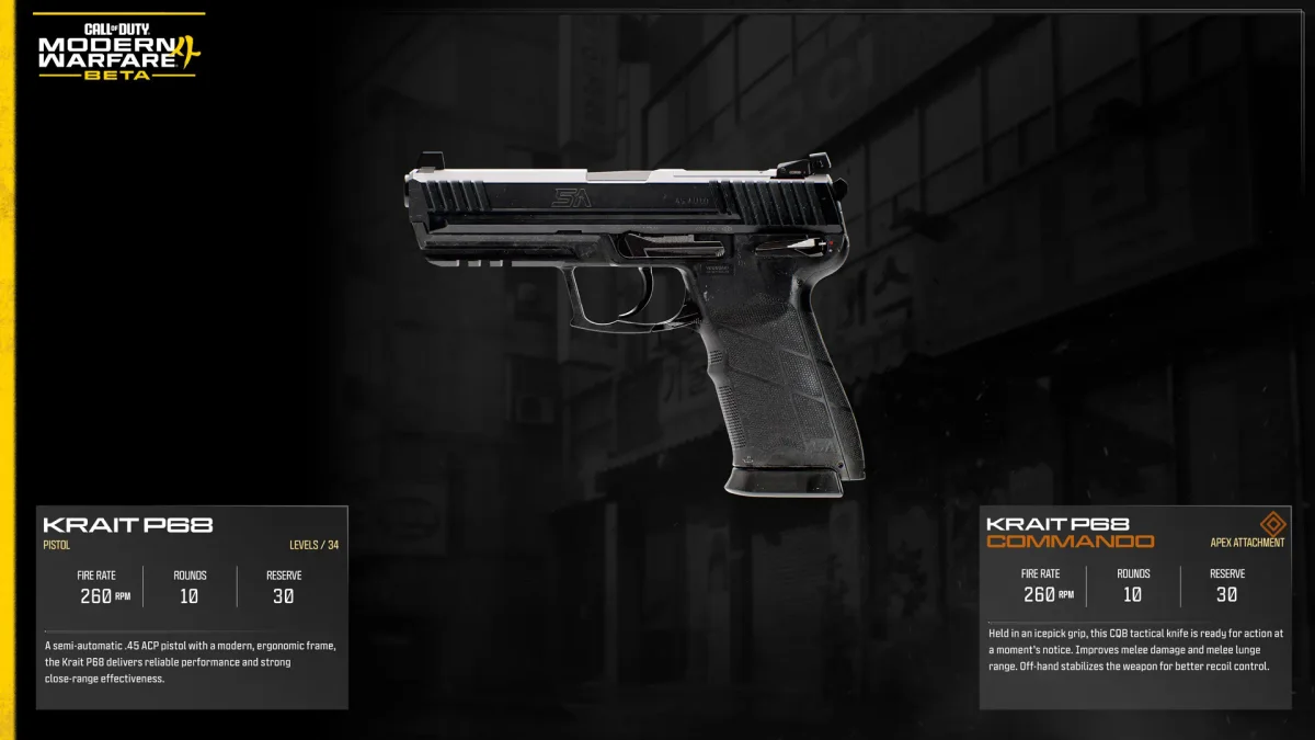 Official Modern Warfare 4 Beta image showing the Krait P68