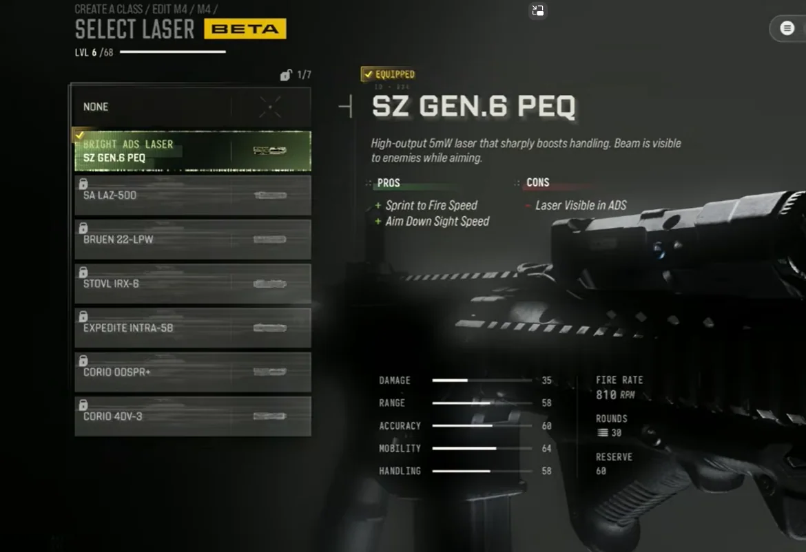 MW4 beta SZ GEN.6 PEQ laser menu cropped to show gameplay UI only